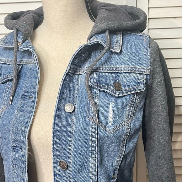 Hollister Blue Grey Distressed Hooded Denim Jean Jacket Size S Small - Picture 8 of 14